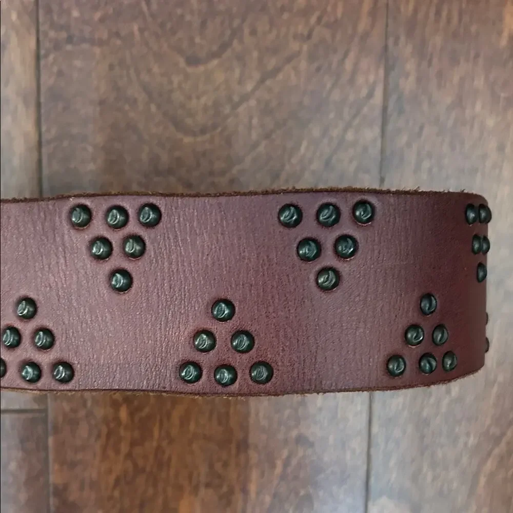 Western Boho Thick Brown Leather Belt with Stud Accents, D Ring Closure